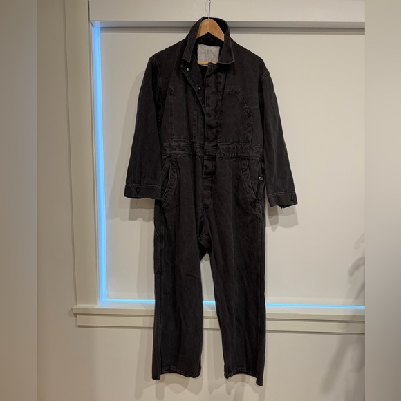 Vintage Pants - Retro 1970s Boiler Suit Black Jumpsuit Workwear Utility Cotton Denim Coveralls